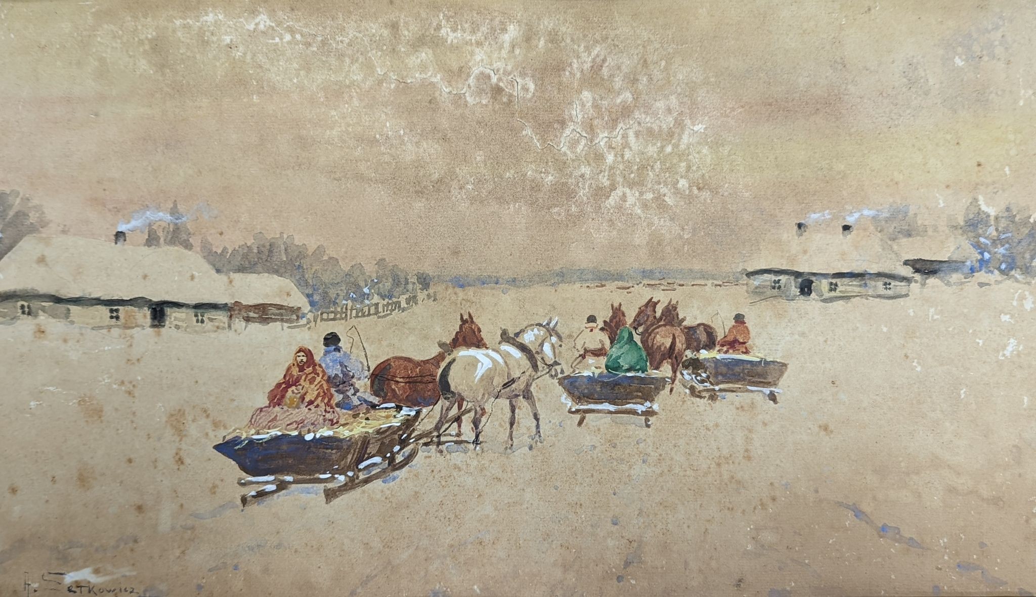 Adam Setkowicz (Polish, 1879-1945), watercolour, Landscape with horse drawn sleighs, 28 x 49cm (a.f.)